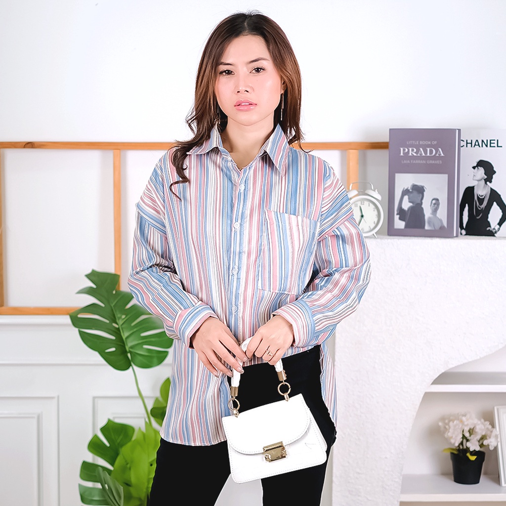 BEFAST - ZSO OOTD Kemeja NAFIYA / Sallo Blouse Stripe / Pakaian Kemeja Garis- Garis / Atasan Kemeja Lengan Panjang / Fashion Kekinian Remaja ABG / Kemeja Casual Wanita / Kem Bisa Di Jadikan Outer / Terlaris