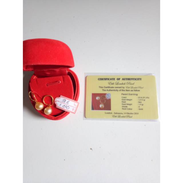 Anting emas 22k mutiara laut lombok asli