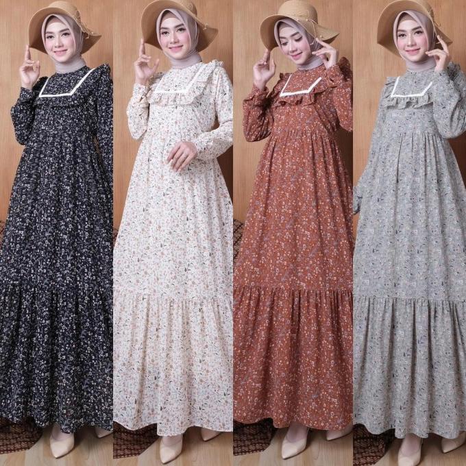 Baju Gamis Ceruty Motif Bunga / Gamis Ceruty Print / Gamis Hitam Motif