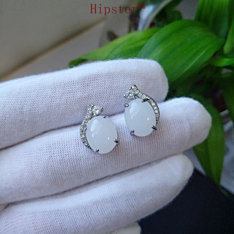 Retro Elegant Hetian White Jade Platinum Micro Inlaid with Diamond Stud Earrings