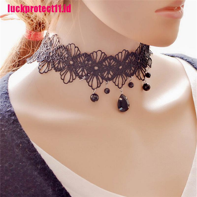 (LUCK) Kalung Choker Lace Hitam Aksen Bunga Gaya Gothic Retro Untuk Wanita