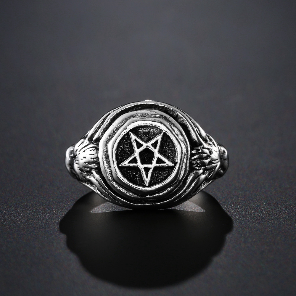 Cincin Baja Titanium Perak Antik Eropa Dan Amerika Punk Satwa Pentagram Perhiasan Fashion Pria Rings