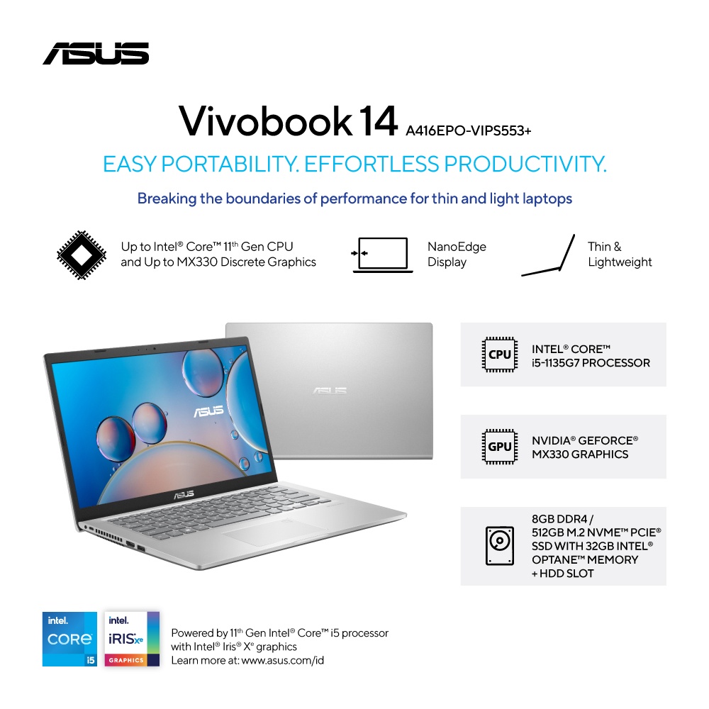 Asus Vivobook A416EPO-VIPS551 i5-1135G7 8GB 512ssd + OPTANE MX330 14" IPS OHS