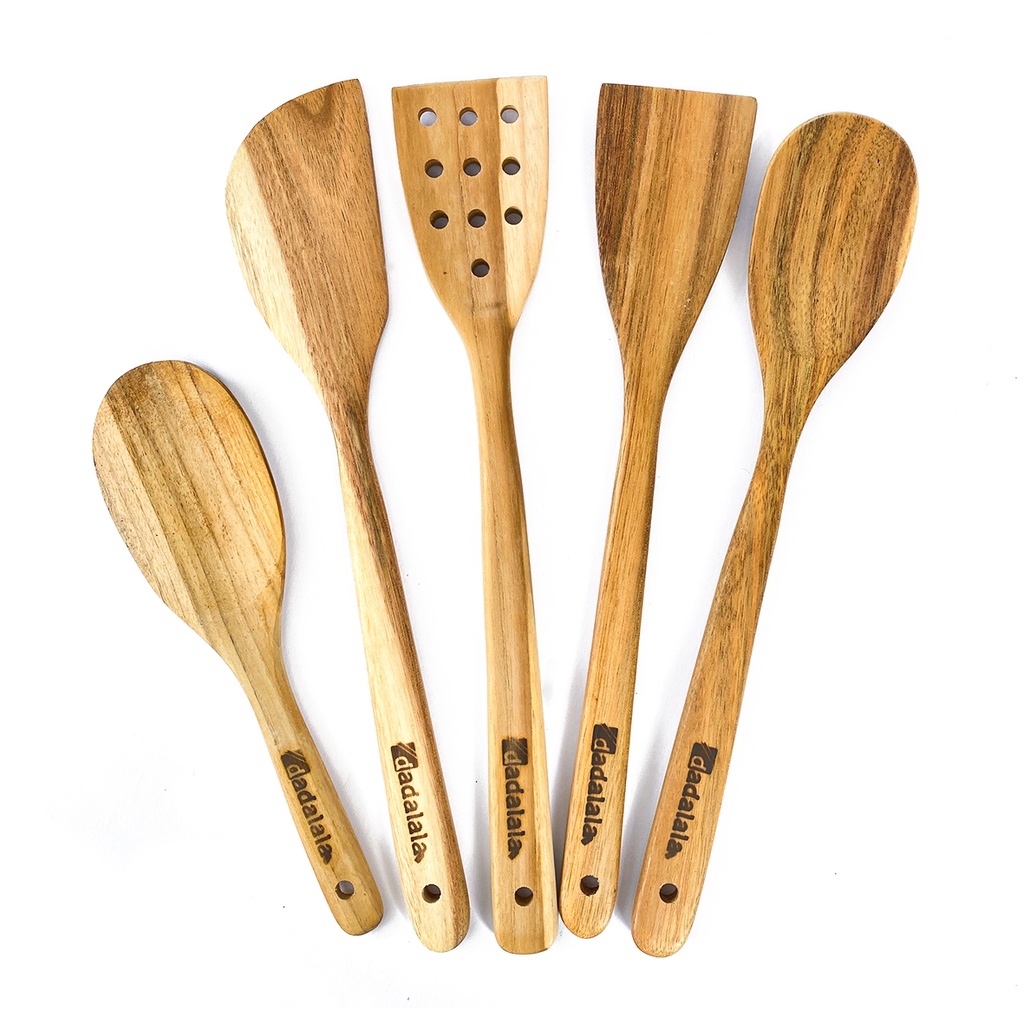 DADALALA Spatula Kayu Jati (1 Set 5 Pcs) Isi Sodet, Sendok Sayur, Centong Nasi dan Sutil Lubang