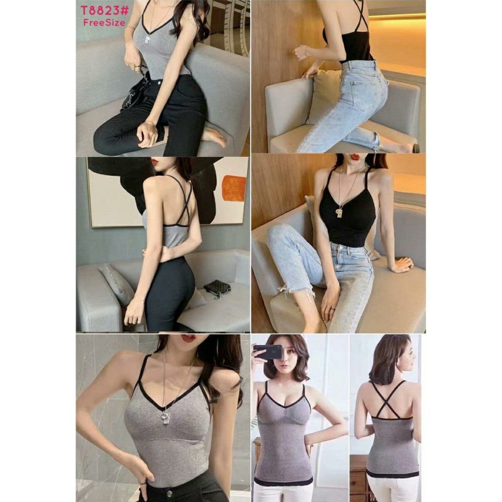 Tanktop Import Strech Dengan Cup Bra busa bisa dilepas All Size T8823 Tank Top Tangtop Tengtop Tentop Atasan Wanita Kaos Dalaman Perempuan