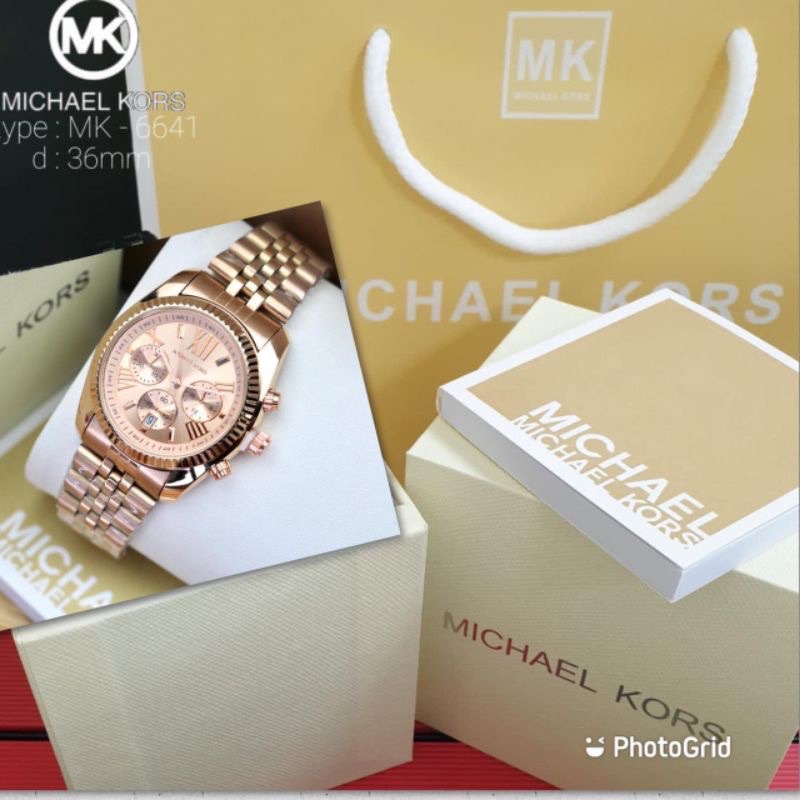 FULL SET LENGKAP - JAM TANGAN WANITA MK MICHAEL KORS CHRONO OFF / TANGGAL AKTIF TALI RANTAI STAINLESS STEEL