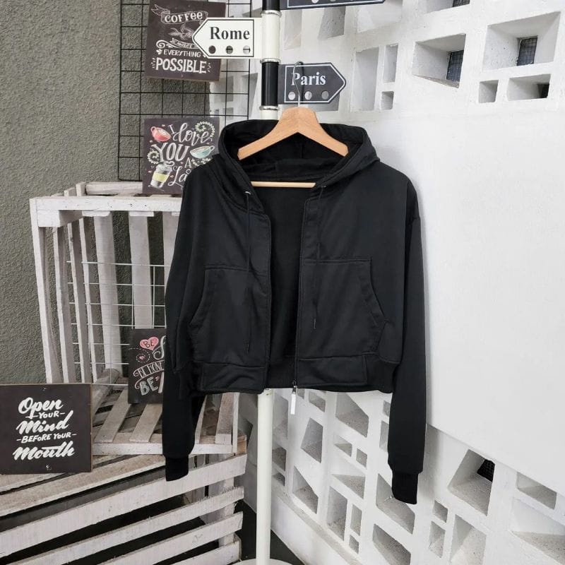 JAKET CROOPE HOODIE WANITA ZIPPER - SWEATER WANITA OMERA CROPE-hitam