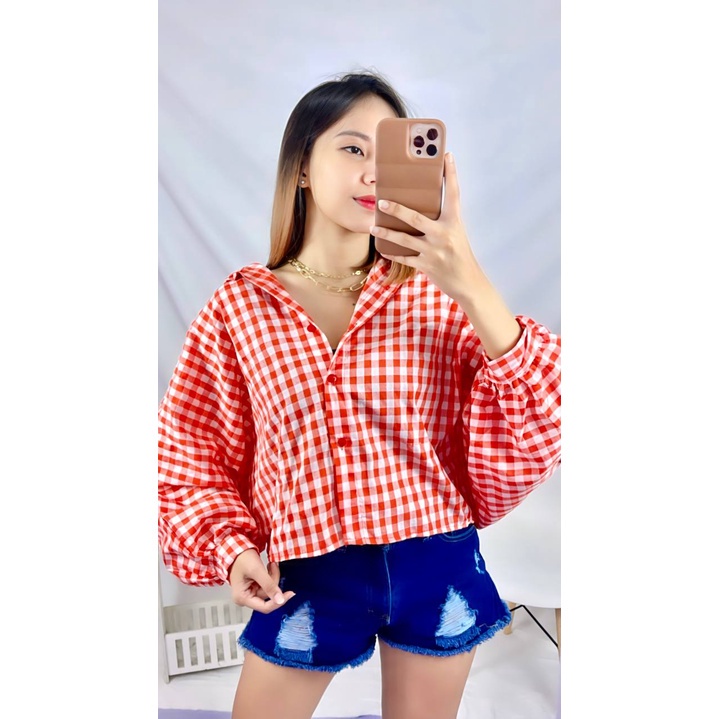 BEFAST - ZSO OOTD Kemeja Crop DIVIAN / JENNIE BATWING TARTAN OVERSIZE / Kemeja Tartan Wanita / Fashion Wanita Ala Korean style / Kemeja Crop Kekinian Wanita / Atasan Lengan Panjang Balon / Kem Motif Kotak-Kotak / Keluaran Terbaru 2022 / Outfit Remaja ABG