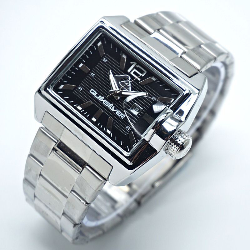 Jam Tangan Pria Quiksilver Rantai Steinless Steel Model Kotak | Tanggal Kaca Cembung Exclusive