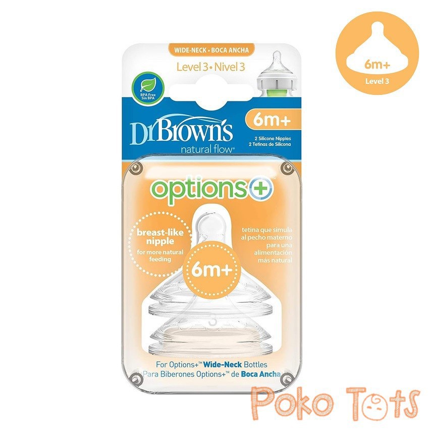 Dr. Brown's Options+ Wide Neck Level 3 6m+ Silicone Nipple 2pcs Dot Dr Browns Option Teat WHS