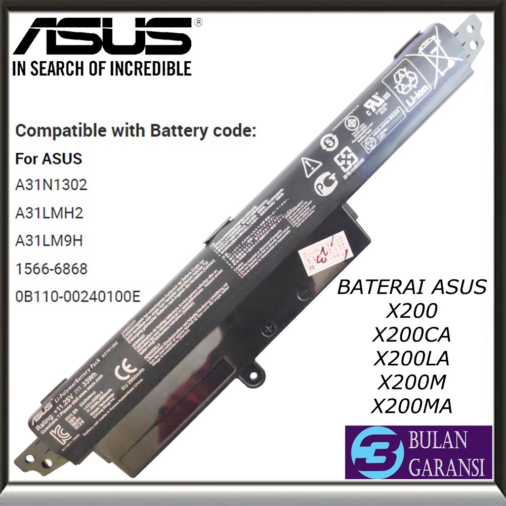 Baterai Batre Original Laptop Asus VivoBook X200 X200CA X200LA X200M X200MA A31N1302 F200CA F200M R200CA Sonic Master R202CA