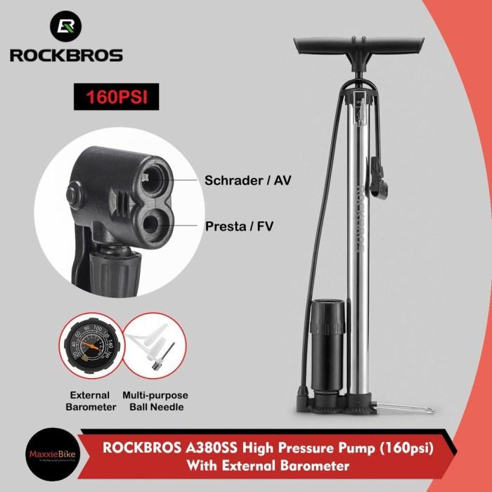 Komponen Sepeda Rockbros A380Ss Pompa Ban Dgn Barometer 160Psi Av/Fv Pentil Kecilbesar