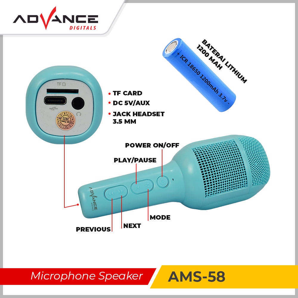 Advance Mic Karaoke Bluetooth Tanpa Kabel AMS-58 Microphone Karaoke Suara Jernih - Mic Advance AMS-58 Microphone Speaker