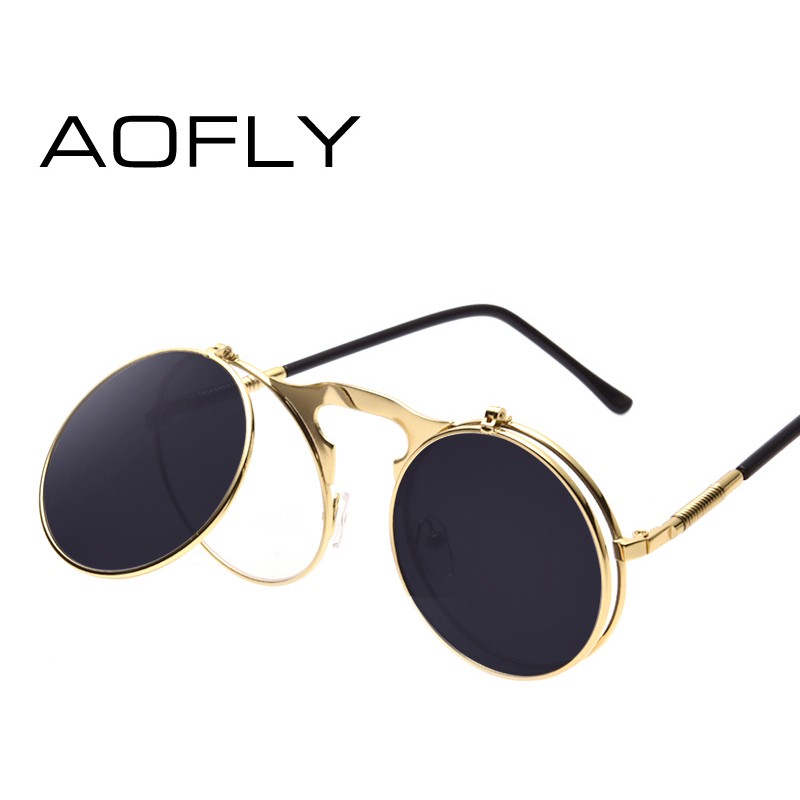 AOFLY Kacamata Hitam Round Vintage Steampunk Sunglasses - Black/Black