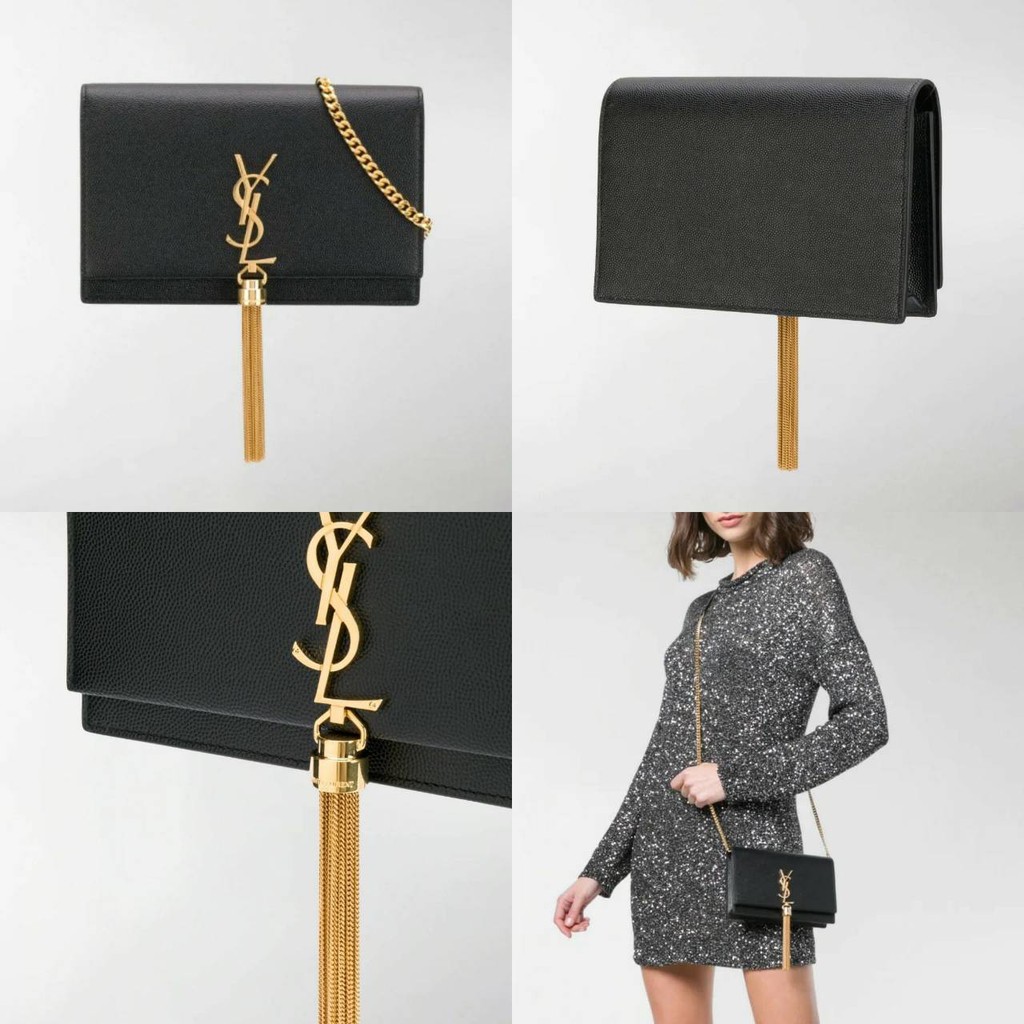 SAINT LAURENT Kate Wallet on Chain in Black Grained Leather GHW with Tassels