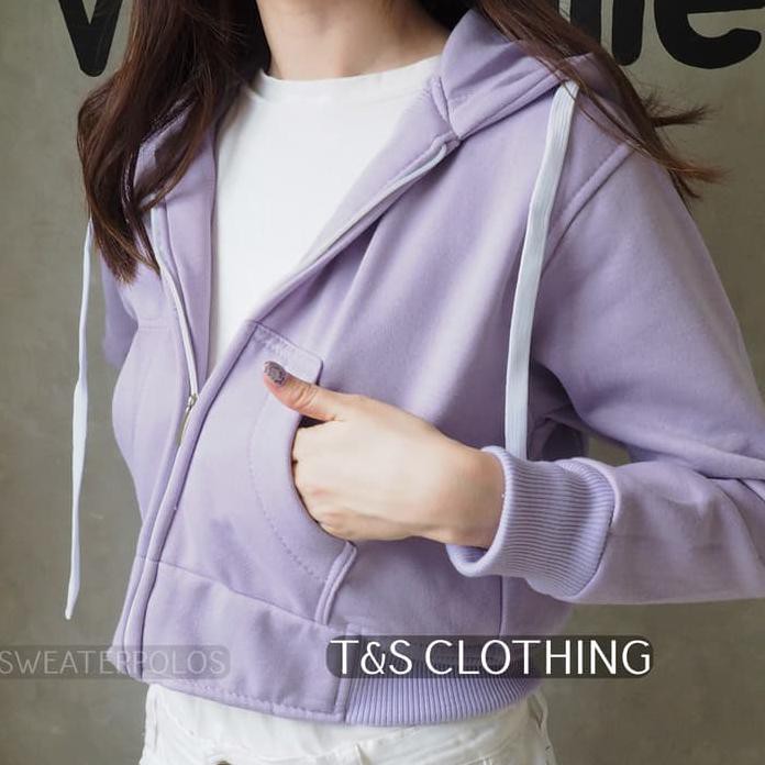 Jaket Crop Hoodie Ungu Muda Wanita