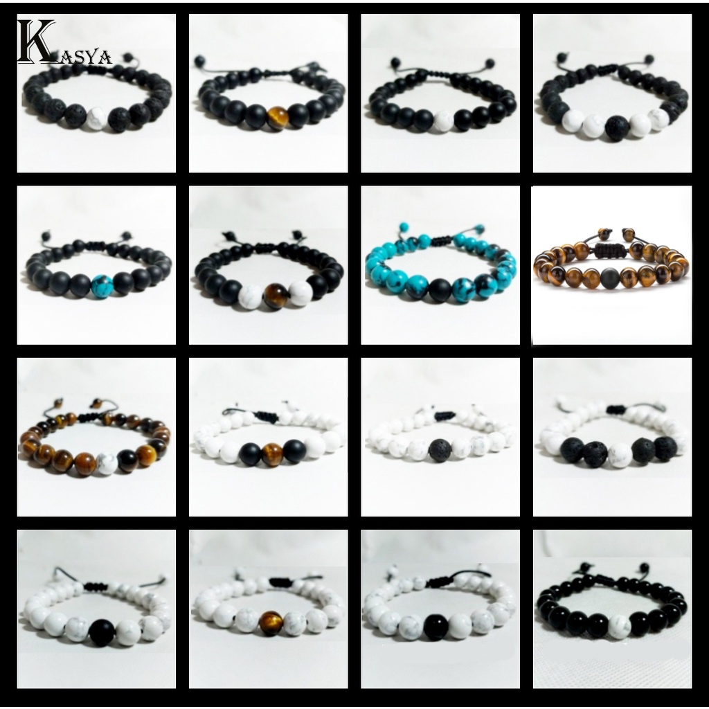 Gelang Batu Couple Natural Tiger eye Charm Onyx Lava Stone 8mm Tali Serut Sambala Untuk Kado Pasangan