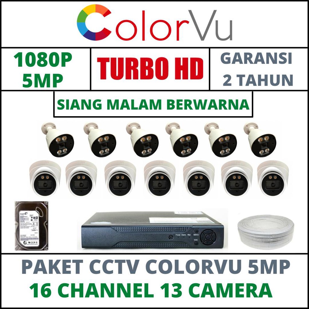 PAKET CCTV COLORVU SIANG MALAM BERWARNA 16 CHANNEL 13 CAMERA 5MP IC SONY 1080P KOMPLIT TINGGALPASANG