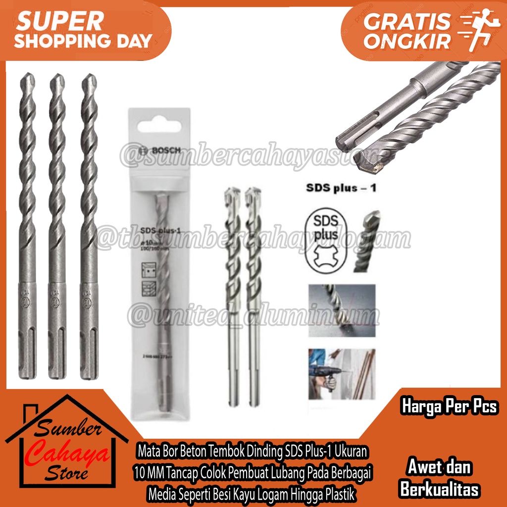 Mata Bor Beton Tembok Dinding SDS Plus-1 Merek Merk BOSCH Ukuran 10 MM Chrome Tancap Colok Pembuat L
