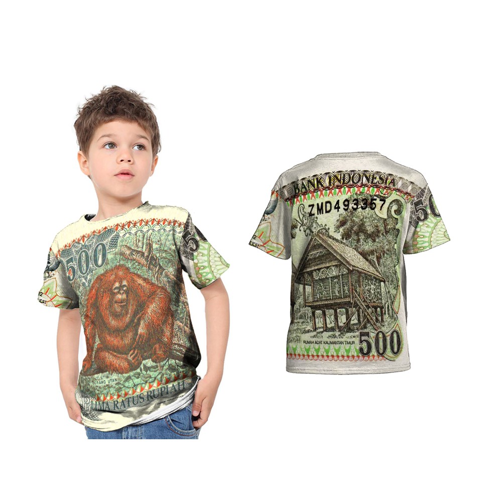 Kaos Baju T-Shirt Anak Uang 500 (Lima Ratus) Kertas Orang Utan Jadul Fullprint Terbaru