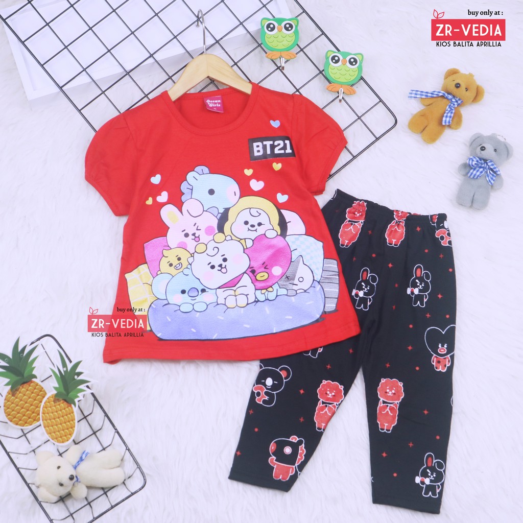 Setelan Plufy Kids Uk 2-6 Tahun / Baju Anak Perempuan Set Kids Legging Kaos Karakter Celana Panjang