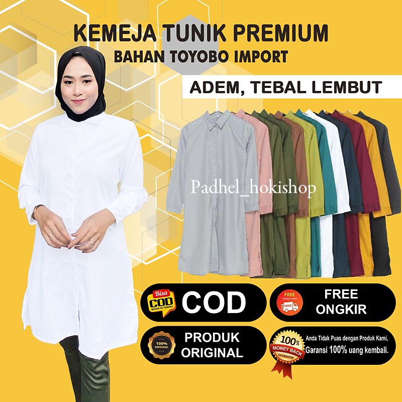 Kemeja Tunik Putih Wanita Lengan Panjang Polos Baju Atasan Blouse Muslim Katun Toyobo Premium Full K