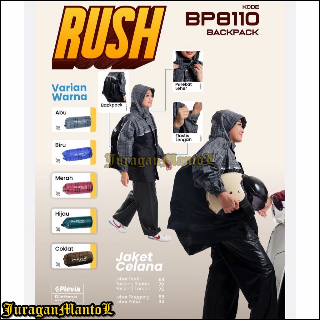 Juragan Mantol / Jas Hujan Plevia Jaket Celana Rush Backpack/ Jas Hujan Pria / Jas Hujan Wanita / Ja