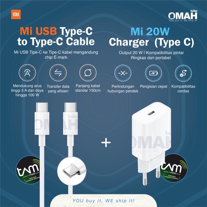 Paket Hemat Xiaomi Mi Kabel Charger Type C to Type C 150cm with Adaptor Charger 20W Garansi Resmi TAM