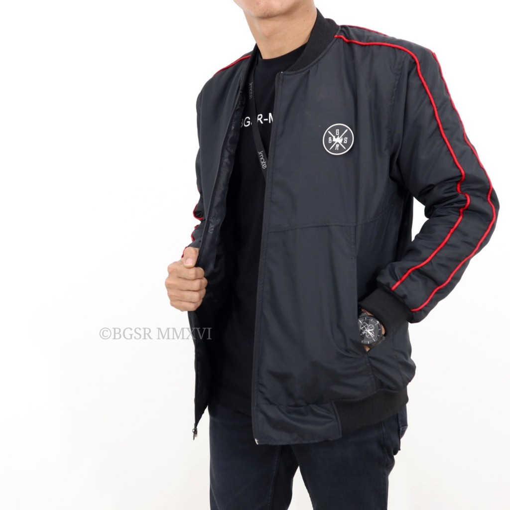 BGSR Jaket Bomber Bulat List Hitam Jaket Parasut Pria