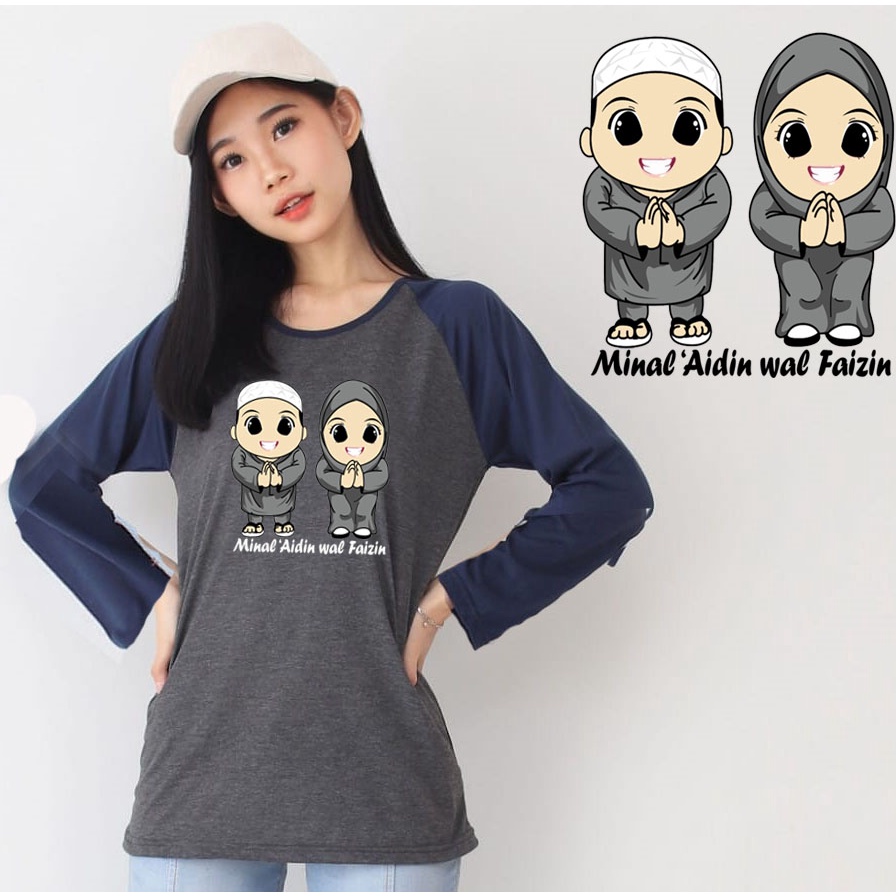 Kaos Raglan Panjang Abu Tua Gambar Animasi Minal Aidin Wal Faizin