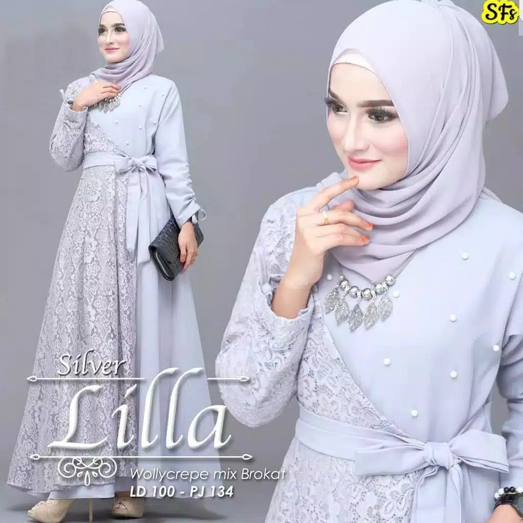 LILLA MAXI BRUKAT BAHAN WALLYCRAPE MIX BRUKAT SIMPLE MODEL TRENDY TERBARU Gamis Simple Casual Elegan