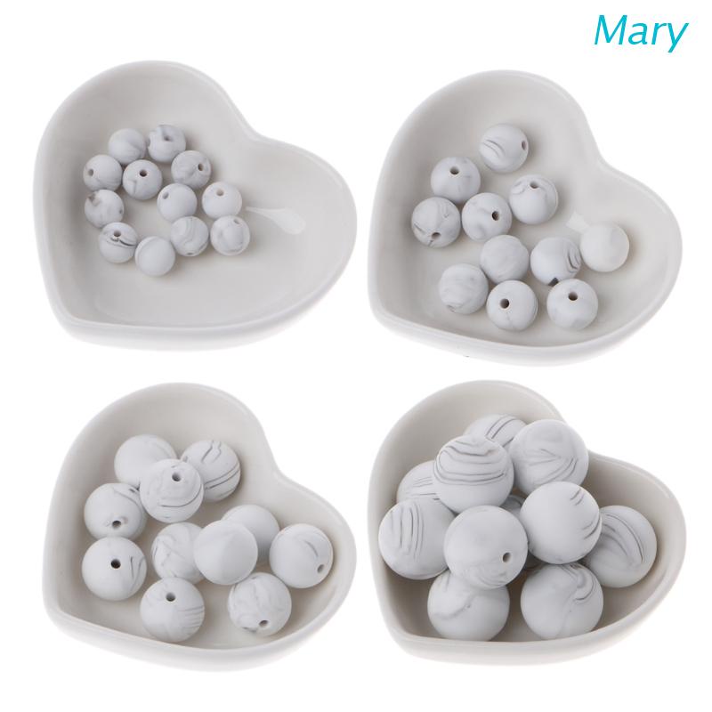 Mary 10pcs / Set Mainan Teether Bayi Bentuk Manik-Manik Marmer Bahan Silikon Warna Putih Diy