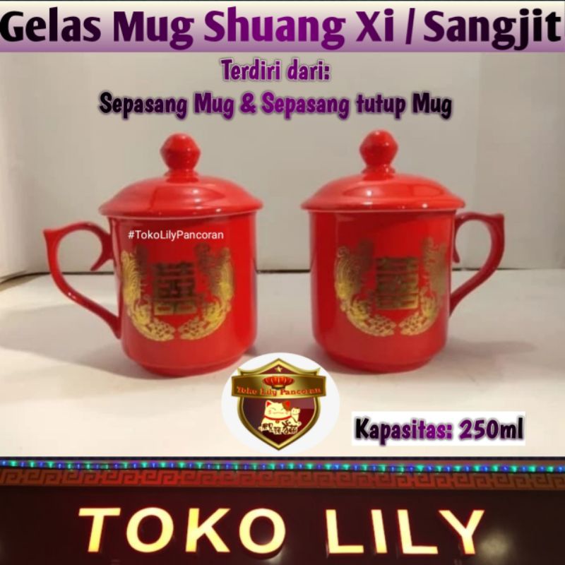 Gelas Mug Sangjit / Gelas Merah Shuang Xi / Mug Keramik Lamaran / Gelas Keramik Pernikahan / Wedding Mug