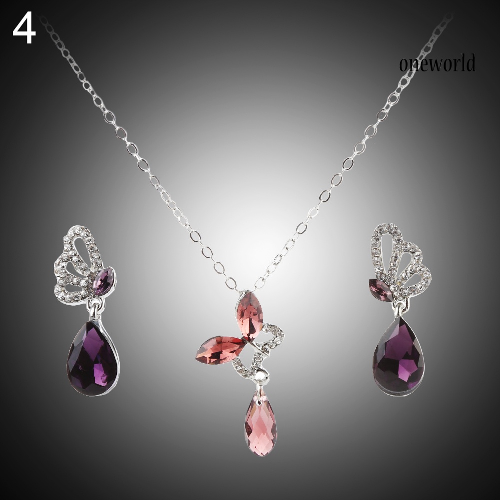 OW@ Women Cocktail Crystal Butterfly Cubic Zirconia Necklace Stud Earrings Jewelry Set