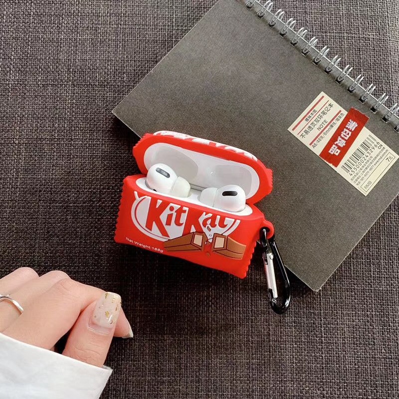 Creative Fun Cartoon Cute KitKat Red Chocolate Design Soft Silicone Earphone Case for Apple AirPods Pro for Airpods 3 for AirPods 2 1 for inpods 12 i7 i9 i10 i11 i12 Anti-fall Protection Wireless Bluetooth Headset Cover for Air Pods