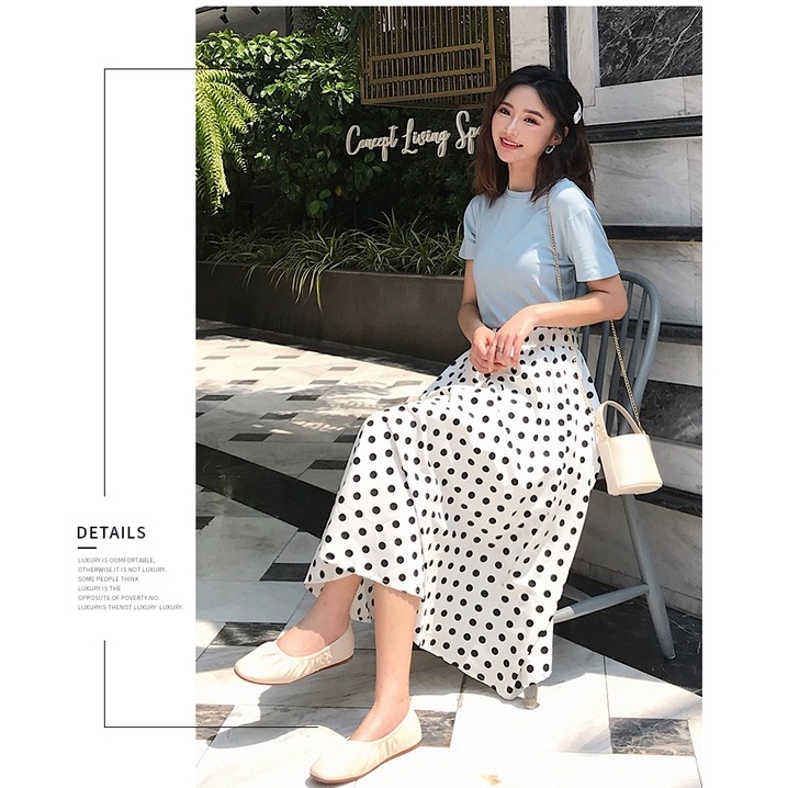 Korean Midi skirt polkadot Rok span Gaya korea Rok hitam