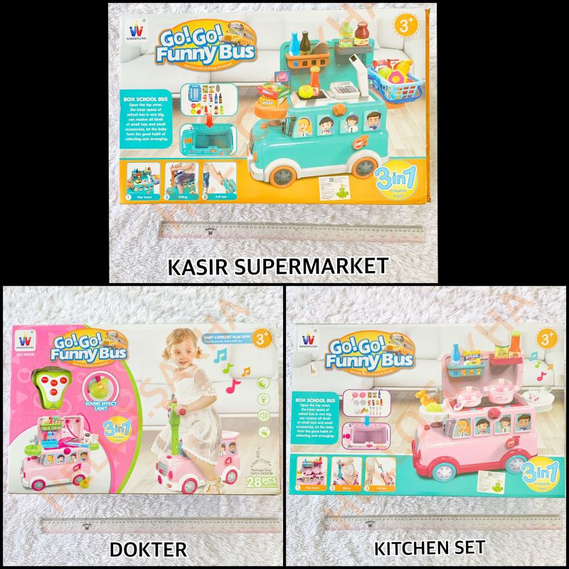 MAINAN GO GO FUNNY BUS GO GO MERK WANDERLONG 3 IN 1 DOKTER DOKTERAN DOCTOR MEDICAL TOOL SET KITCHEN 