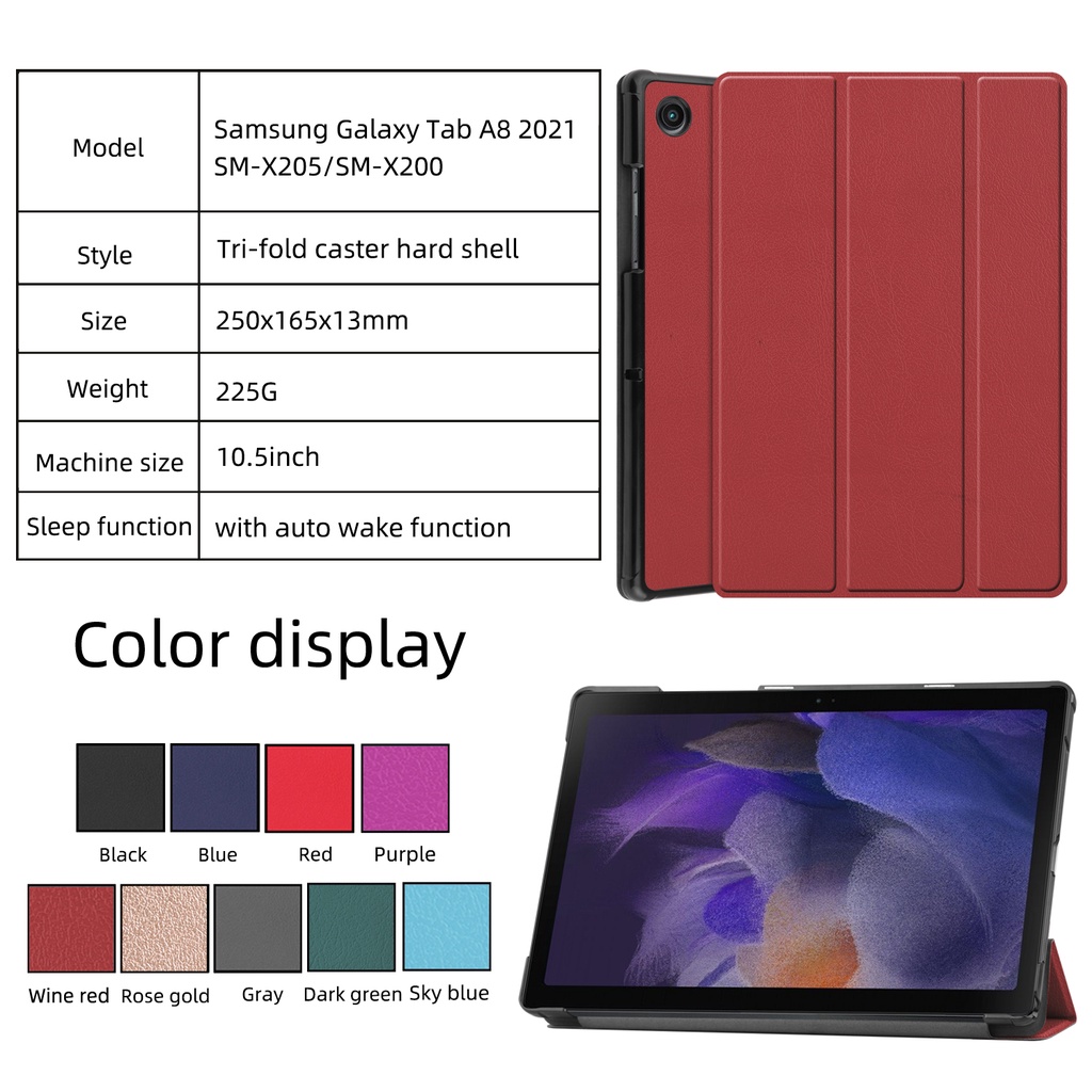 Untuk Samsung Galaxy Tab A8 10.5 (2021) SM-X200 SM-X205 X200 X205 Casing Perlindungan Fashion Warna Solid Tri-fold Flip Cover