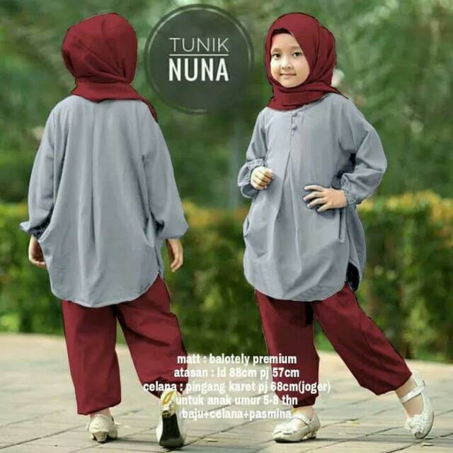Baju Muslim Anak Nuna Tunik Busana Lebaran Kecil Warna Abu Abu Merah