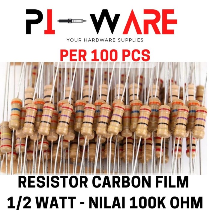 Paket Isi 100Pcs Resistor Carbon Film 1/2 0.5 Watt Nilai 100K ohm