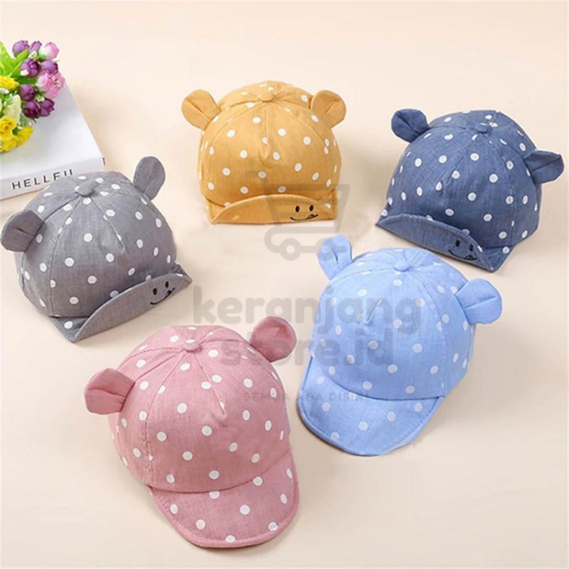 Topi Anak Bayi Polkadot Smile baby Hat Bintik Senyum Telinga-1