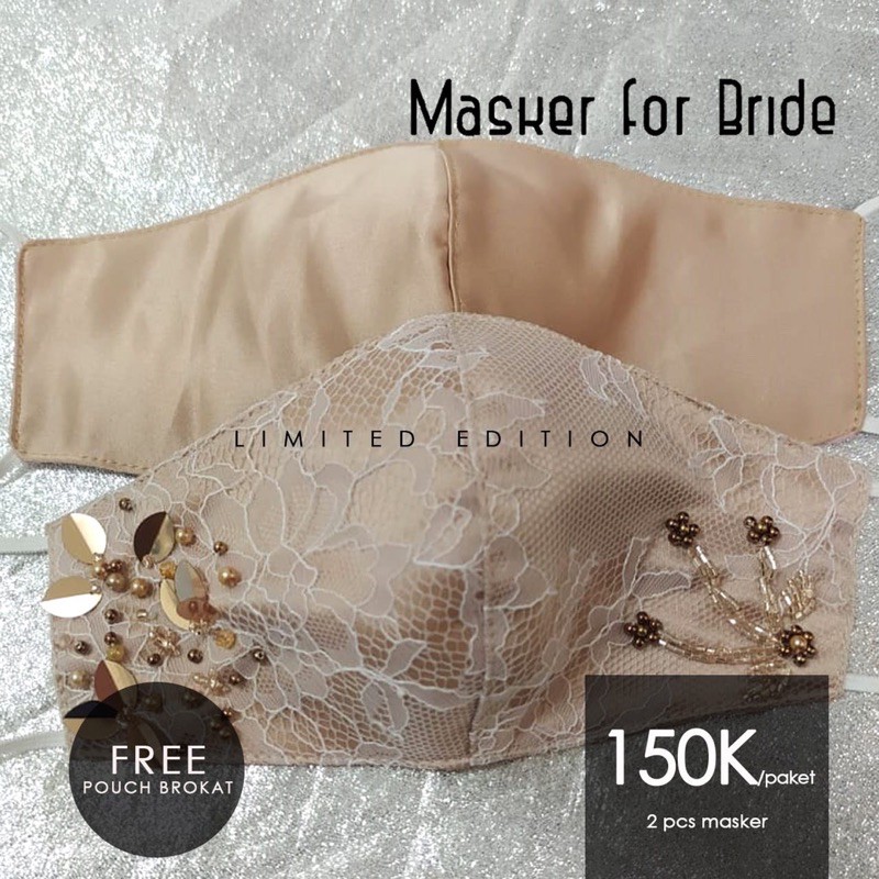 Masker Kain 3 lapis | Masker Pengantin | Masker Hijab | Satin Champagne Chantily Putih Payet Emas