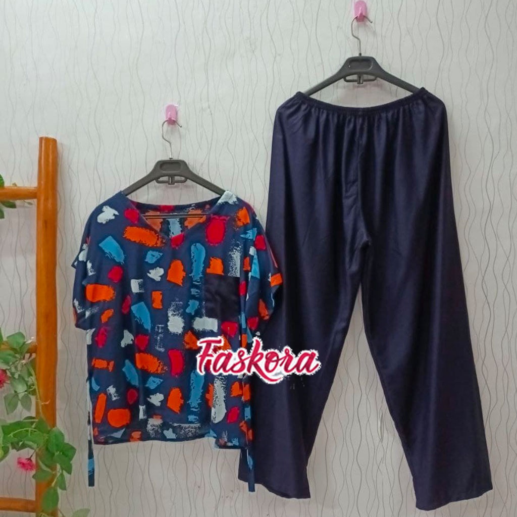 Piyama Rayon Jumbo Lengan Pendek One Set Wanita Kekinian Remaja Pajamas Polos Kombinasi Auristela-Auristela Navi