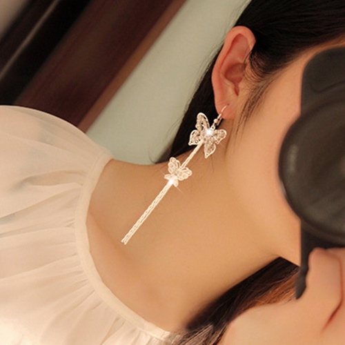 Hu Hu Hu Hu Hu Alat Bantu Pasang Kacamata♡ Anting Kait Gantung Panjang Wanita Model Butterfly Rumbai Lapis Ganda Hias Berlian Imitasi