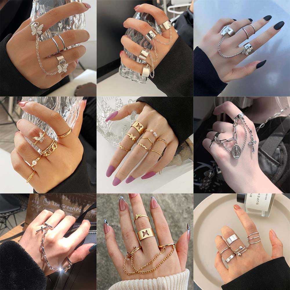 YEEZII Set Cincin Rantai Rumbai Desain Kupu-Kupu Aksen Mutiara Warna Emas Perak Gaya Retro Untuk Wanita