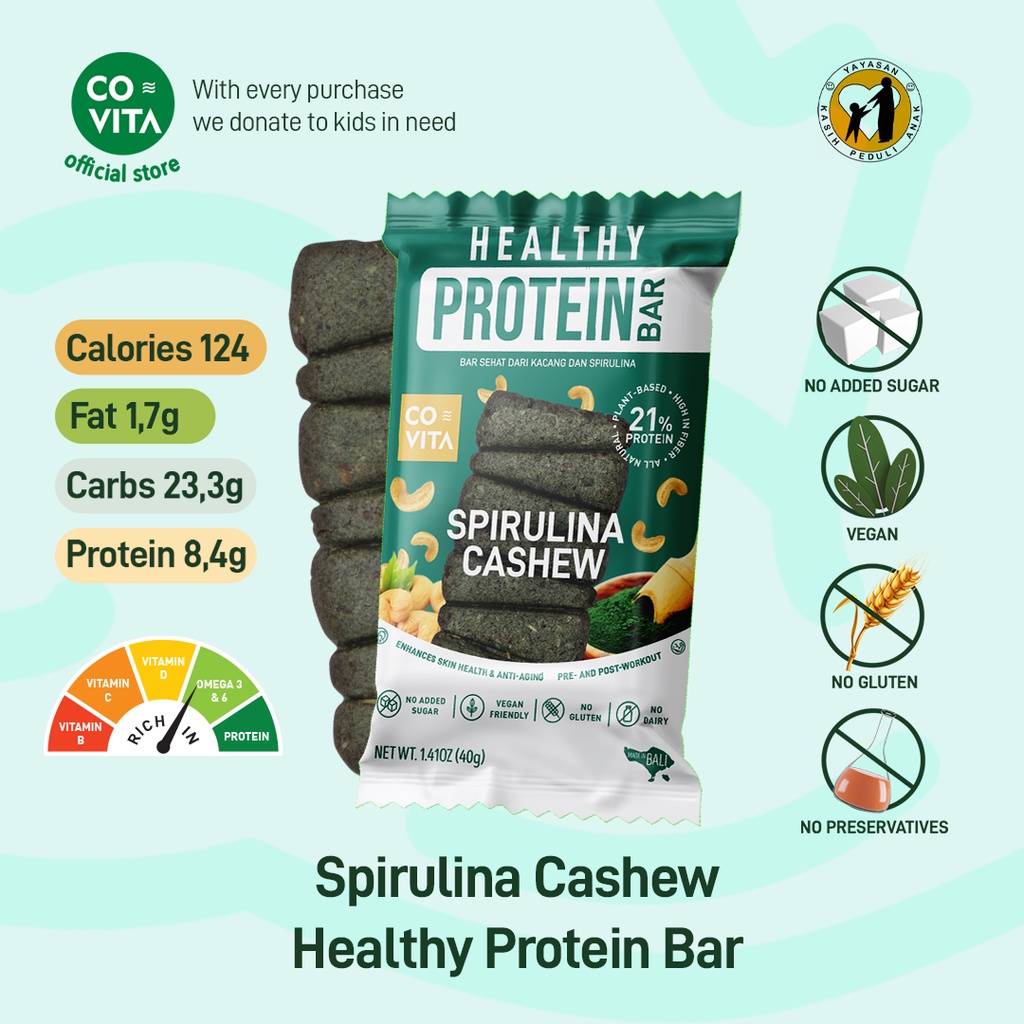 

Covita Healthy Protein Bar - Spirulina Cashew - Snack Tanpa Pengawet