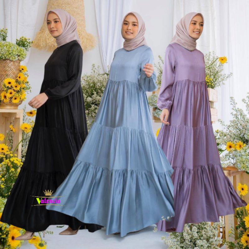 Mega Iskanti Dress Wanita Armani Silk Gamis Terbaru Lengan Panjang Karet Rufel Fashion Muslim Kekinian LD 105 cm