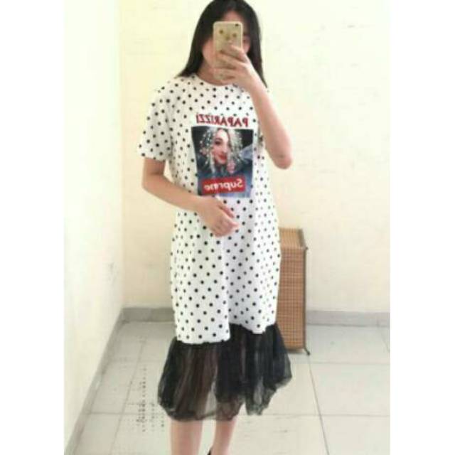 Dress Kaos Import panjang bahan kaos tebal premium motif polkadot mix tile aplikasi mutiara Ken-355