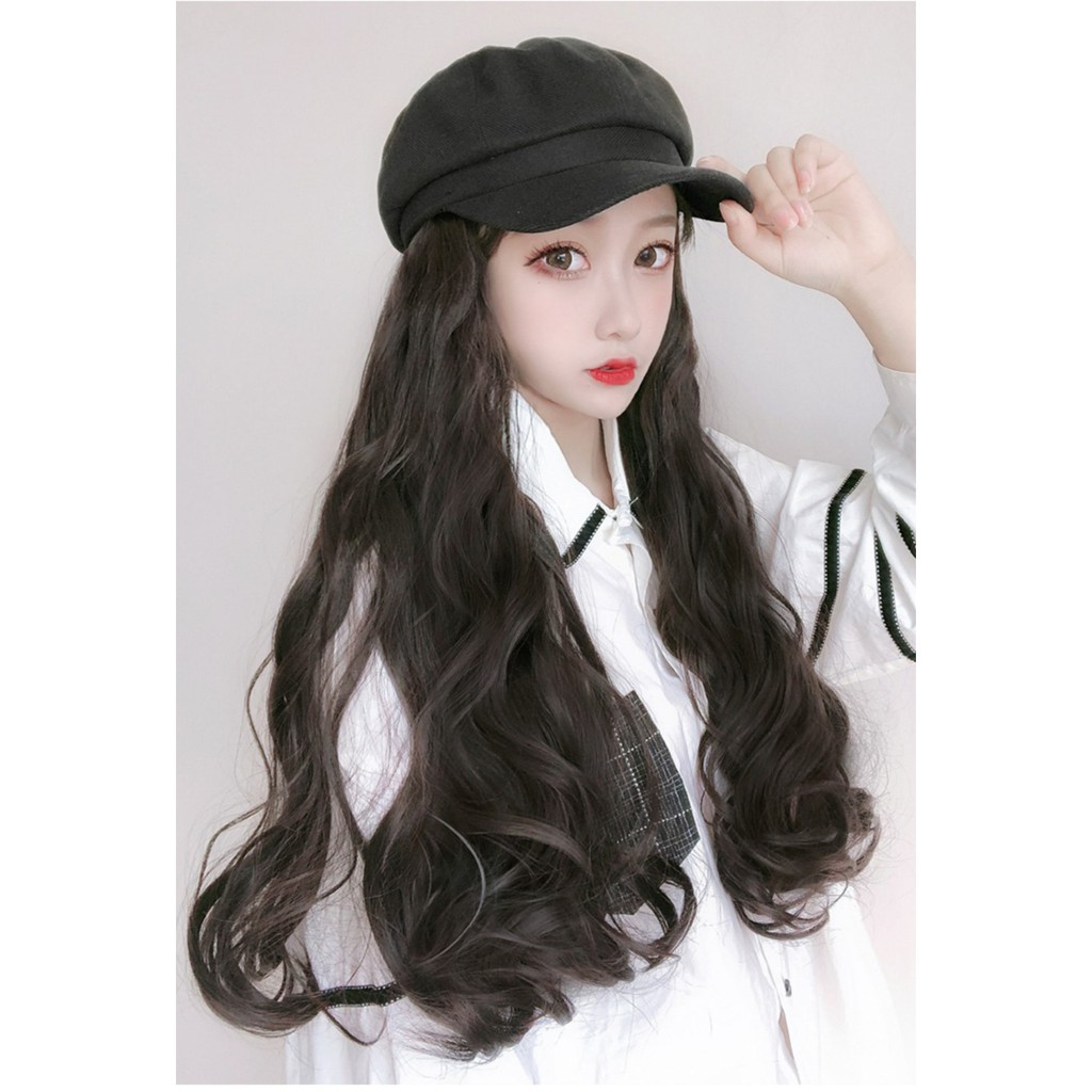 HTO wig topi octagonal baret beret panjang wig hat rambut palsu hair extension