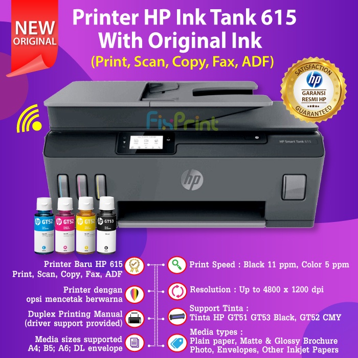 Printer HP Smart Ink Tank 615 WiFi Print Scan Copy Fax ADF Wireless